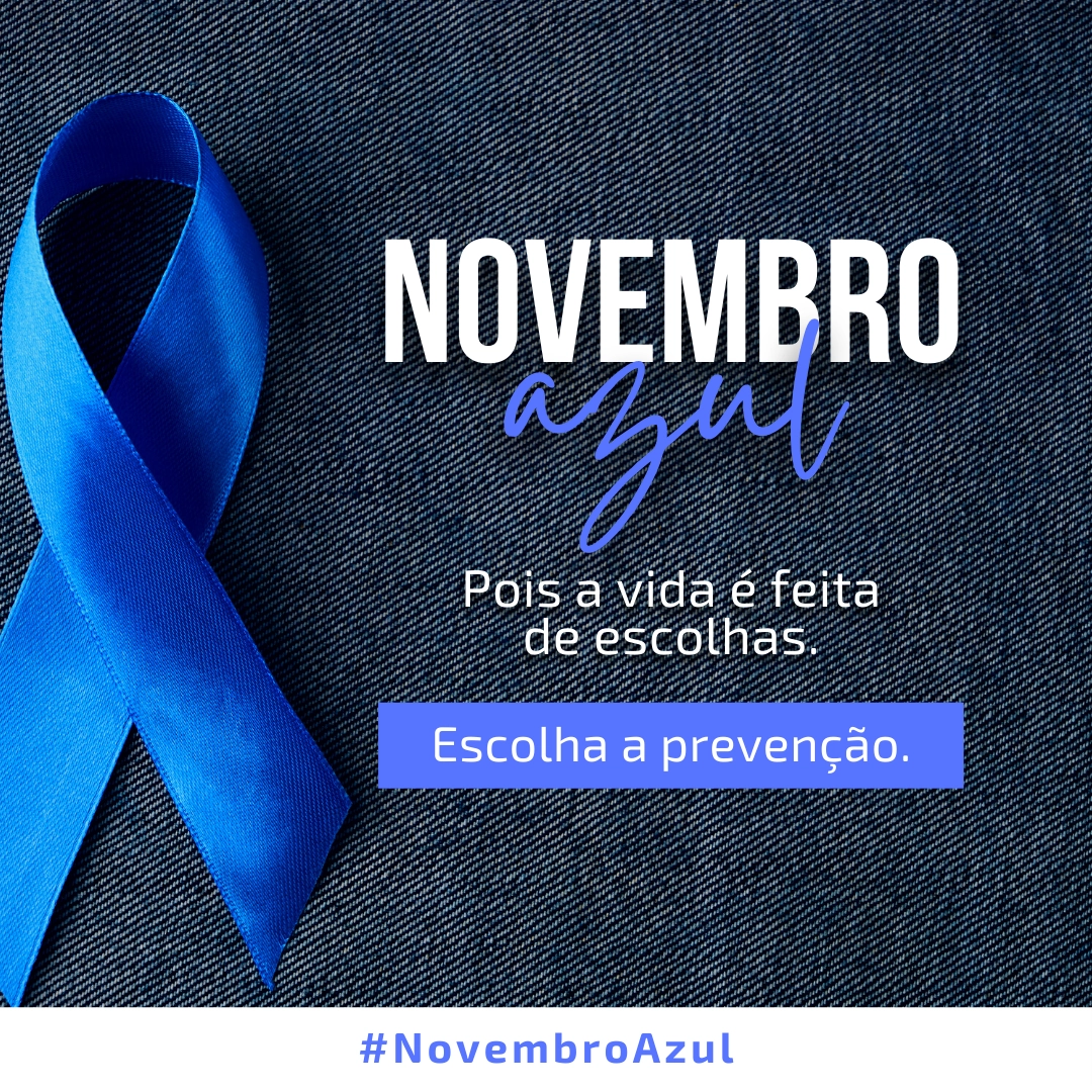 Novembro Azul: Campanha de conscientização sobre prevenção do câncer de próstata - homem segurando laço azul simbolizando a luta contra a doença