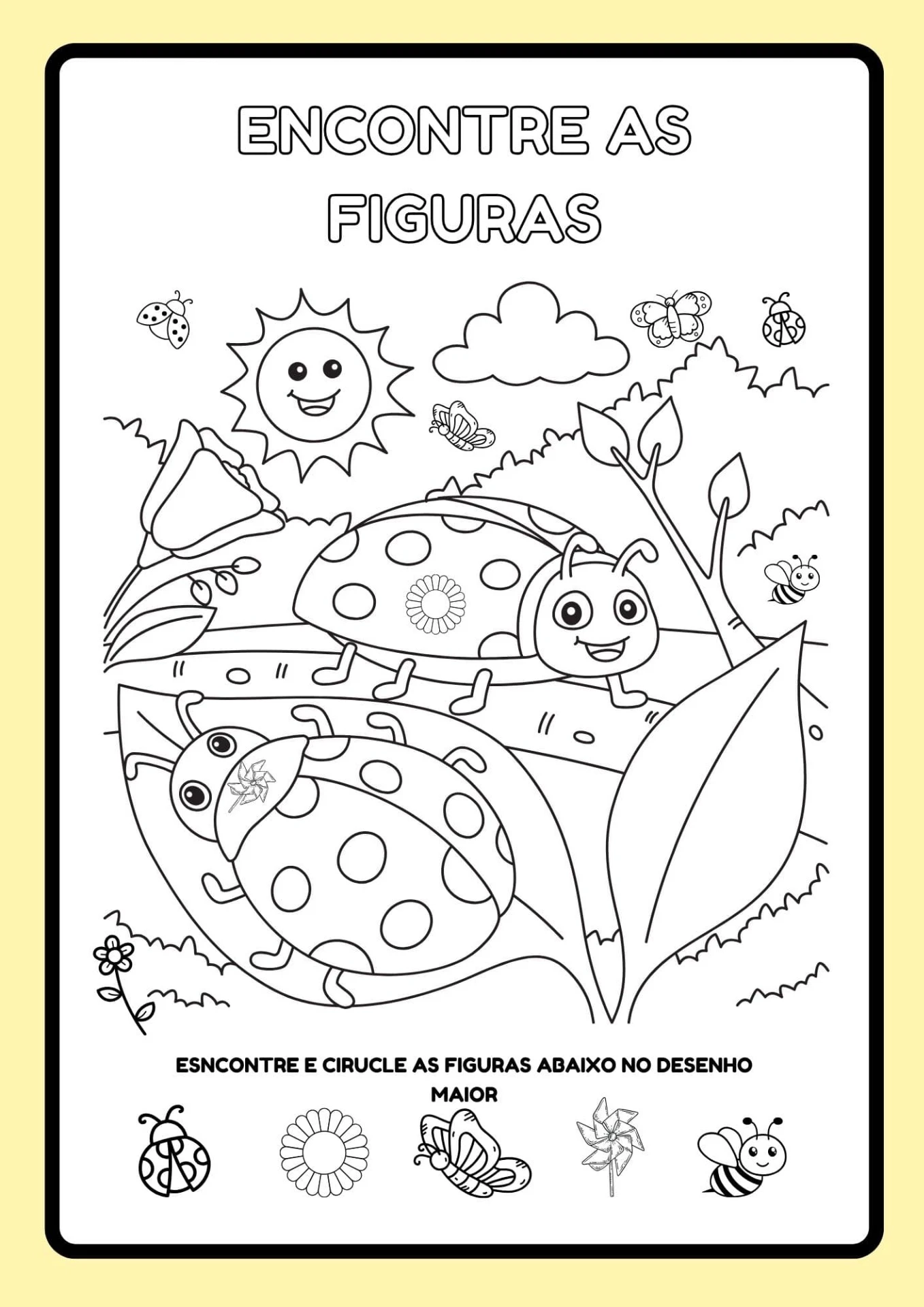 Folha de atividade 'Encontre as Figuras' com tema de primavera, perfeita para Primavera na Educação Infantil: ideias de Atividades para imprimir
