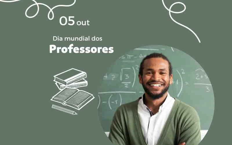 Ilustração de professores e alunos celebrando o Dia Mundial dos Professores, com foco na diversidade e aprendizado.