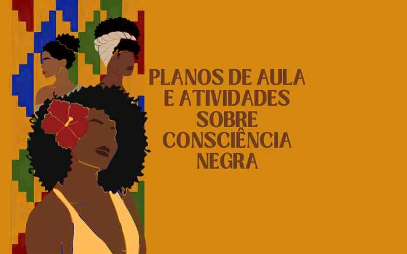 Capa de plano de aula: menina negra sorridente com livro e lousa com desenhos coloridos para o Mês da Consciência Negra