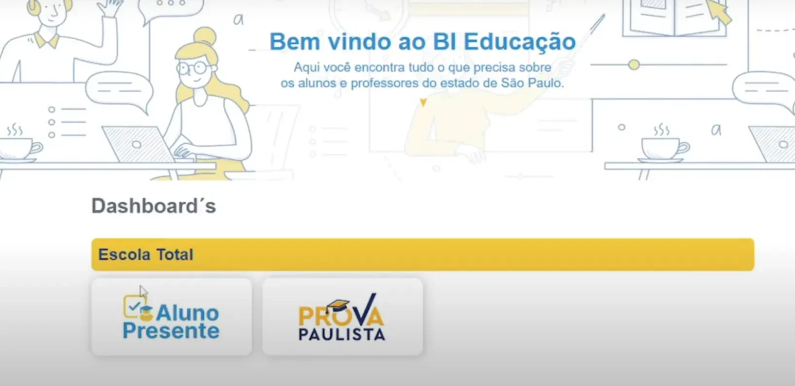Tela inicial do Painel Aluno Presente do Site BI Educação Aluno Presente, mostrando gráficos de frequência e opções de filtro.