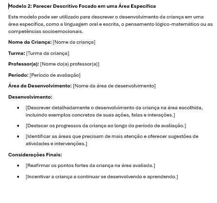 Exemplo de Modelo de Parecer Descritivo Educação Infantil 2 - Formulário Prático