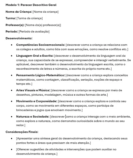Exemplo de Modelo de Parecer Descritivo Educação Infantil 1 - Estrutura Completa