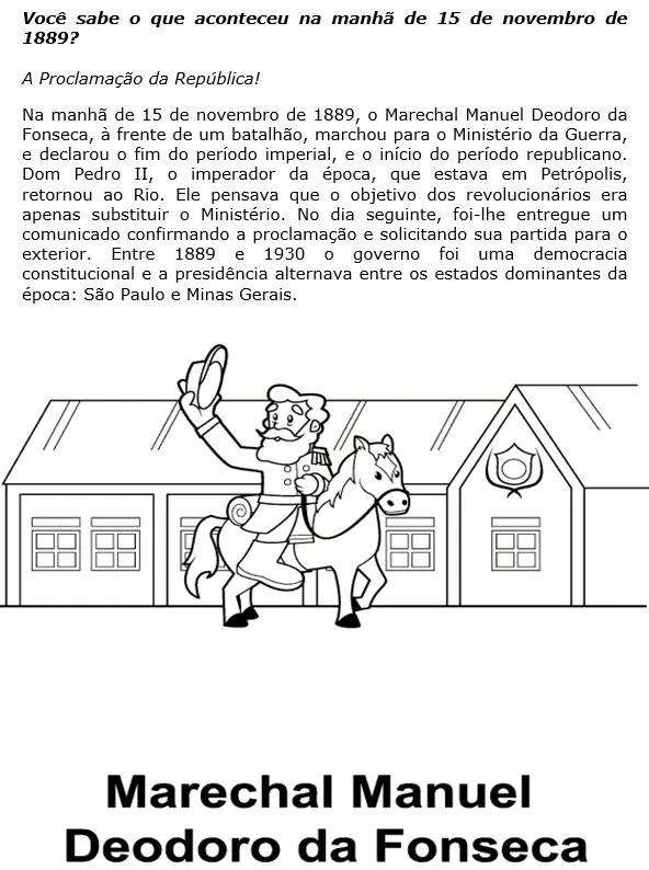 Texto sobre a Proclamação da República - Material educativo para crianças aprenderem sobre a história do Brasil