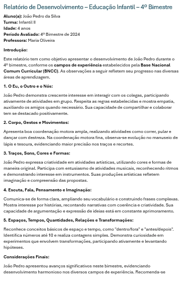 Modelo 2 de relatório da educação infantil - formato editável