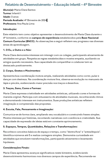 Modelo de relatório de desenvolvimento infantil - exemplo completo