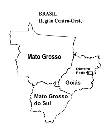 Mapa da Região Centro-Oeste do Brasil para colorir, com estados e capitais.