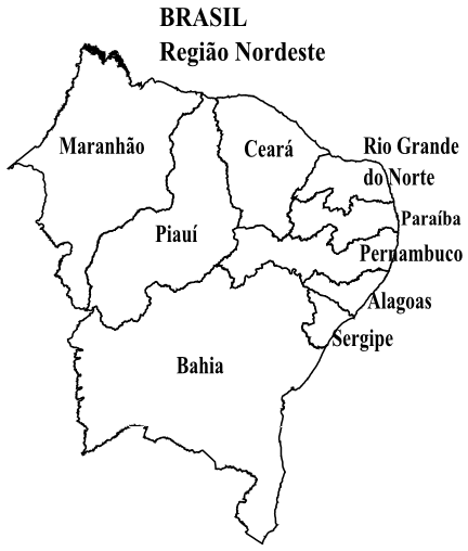 Mapa da Região Nordeste do Brasil para colorir, destacando seus nove estados.