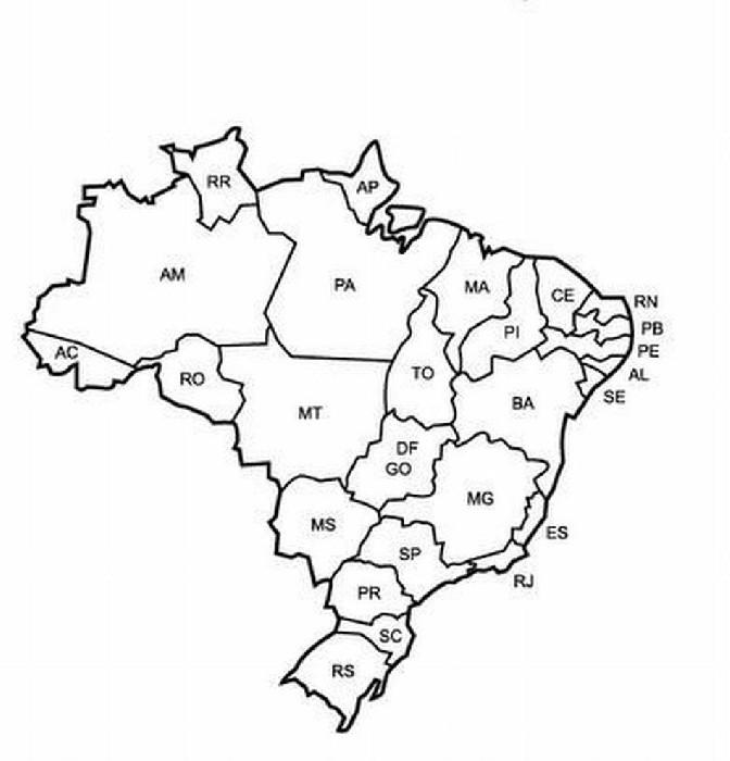Mapa do Brasil com estados e regiões para colorir, excelente para ensino fundamental.
