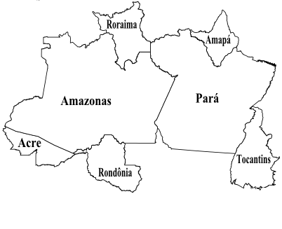 Mapa da Região Norte do Brasil para colorir, com foco na Amazônia.