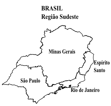 Mapa da região Sudeste do Brasil para colorir - Exemplo dos mapas regionais para ensino de geografia