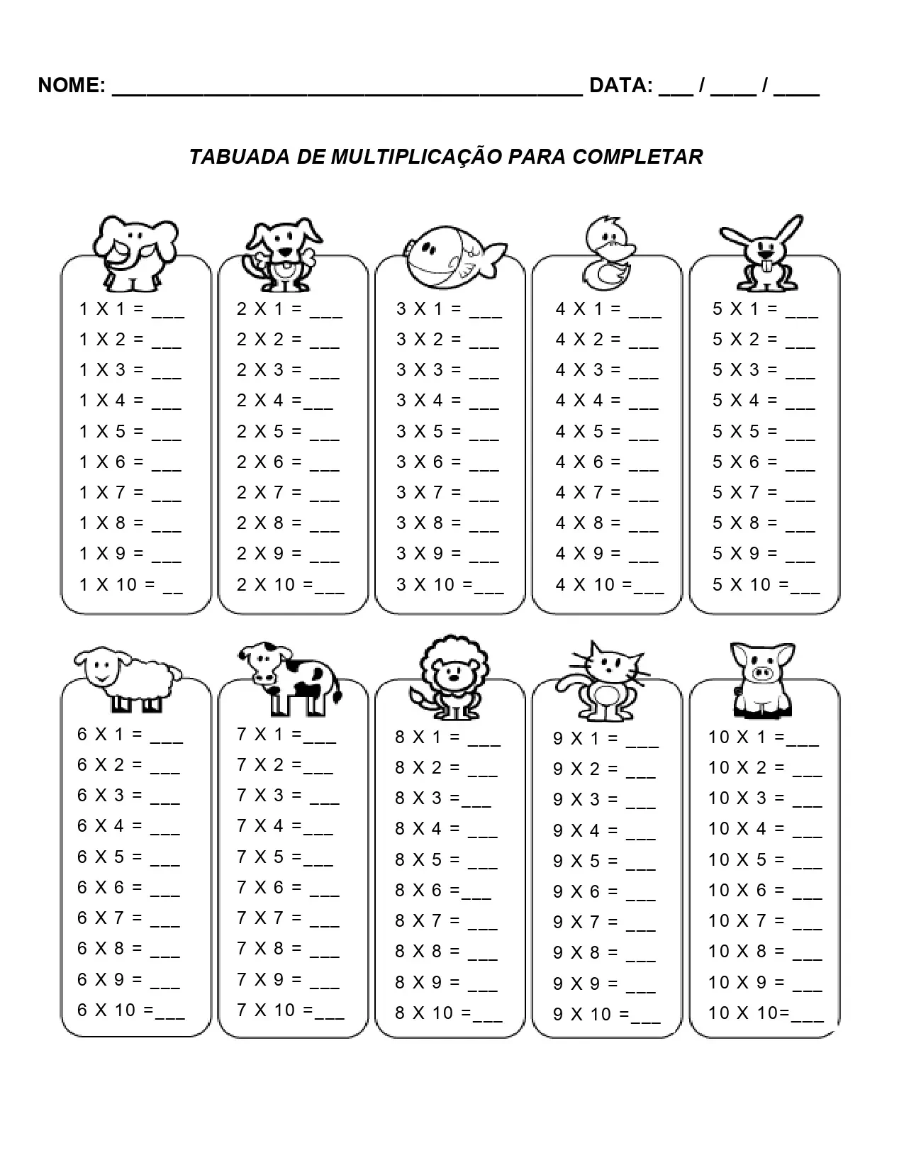 Atividade de tabuada para imprimir com exercícios de completar a multiplicação.