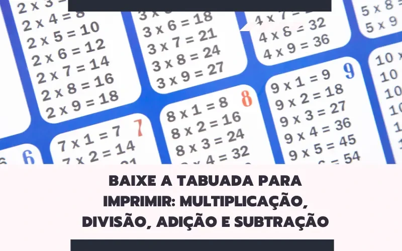 Visualização da folha de tabuada para imprimir em PDF, incluindo as 4 operações, um material de apoio para estudar a tabuada.