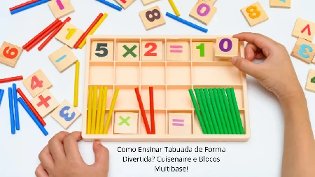Crianças usando blocos Cuisenaire para aprender a tabuada de forma concreta.