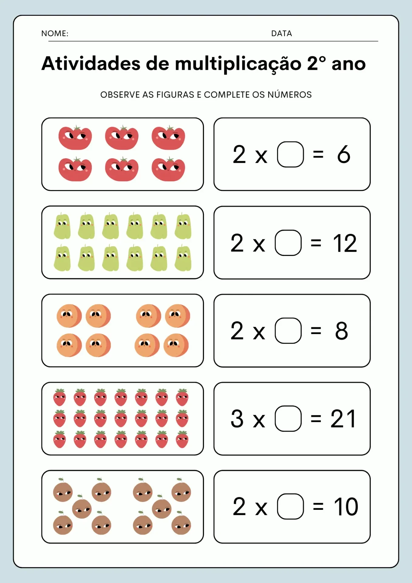 Atividade de multiplicação 2º ano para imprimir - Exercício com desenhos de frutas