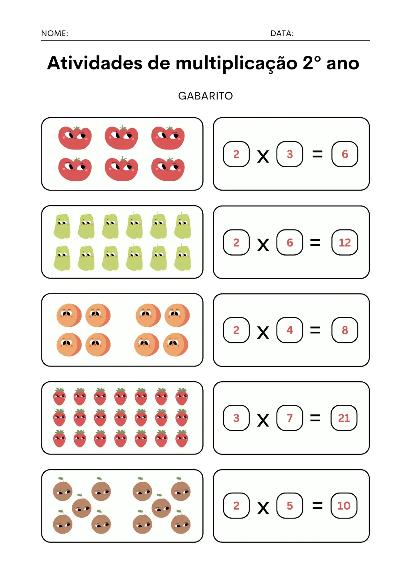 Atividades de multiplicação 2 ano GABARITO - Resolução comentada