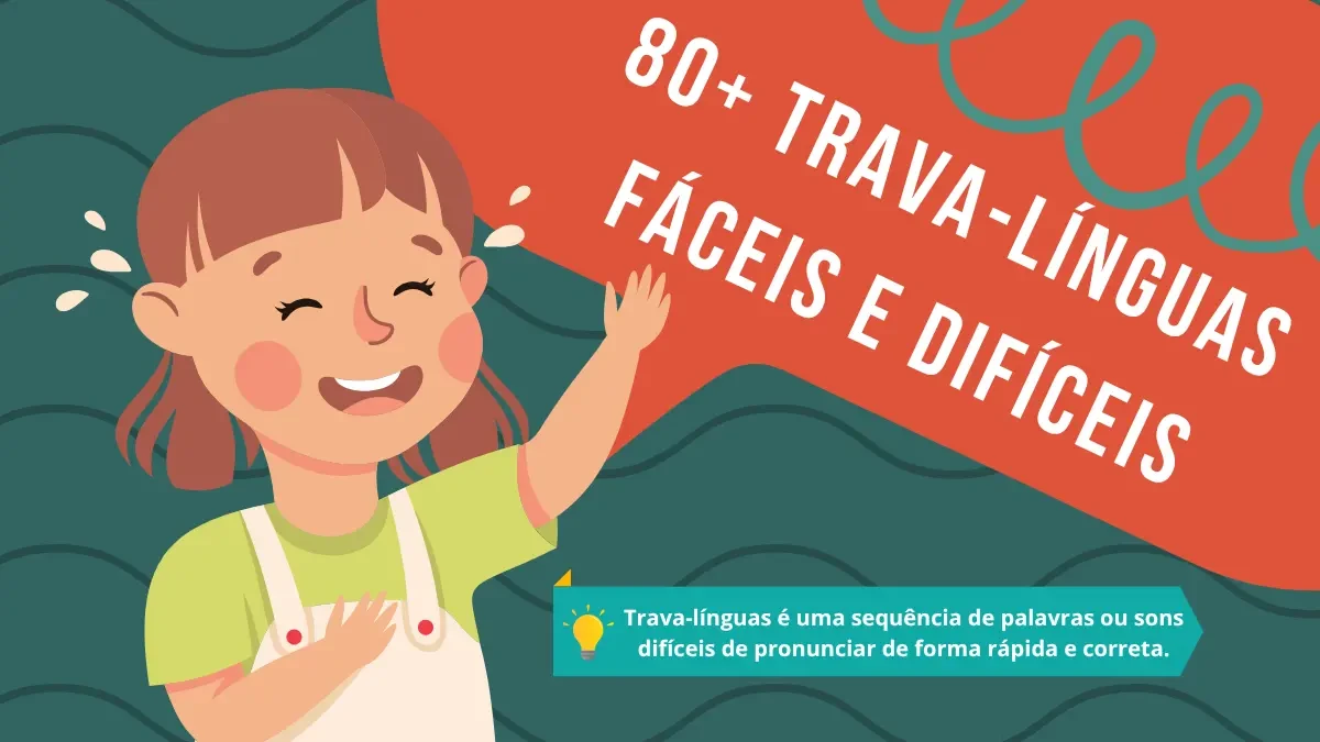 Ilustração colorida de crianças felizes brincando com trava-línguas, com a frase '80+ trava-línguas [fáceis e difíceis]' em destaque