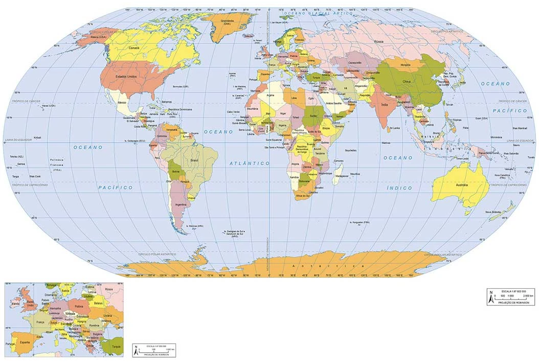 Mapa-Múndi (planisfério político) - Representação política global Mapa-múndi (planisfério político) detalhado mostrando países e fronteiras.