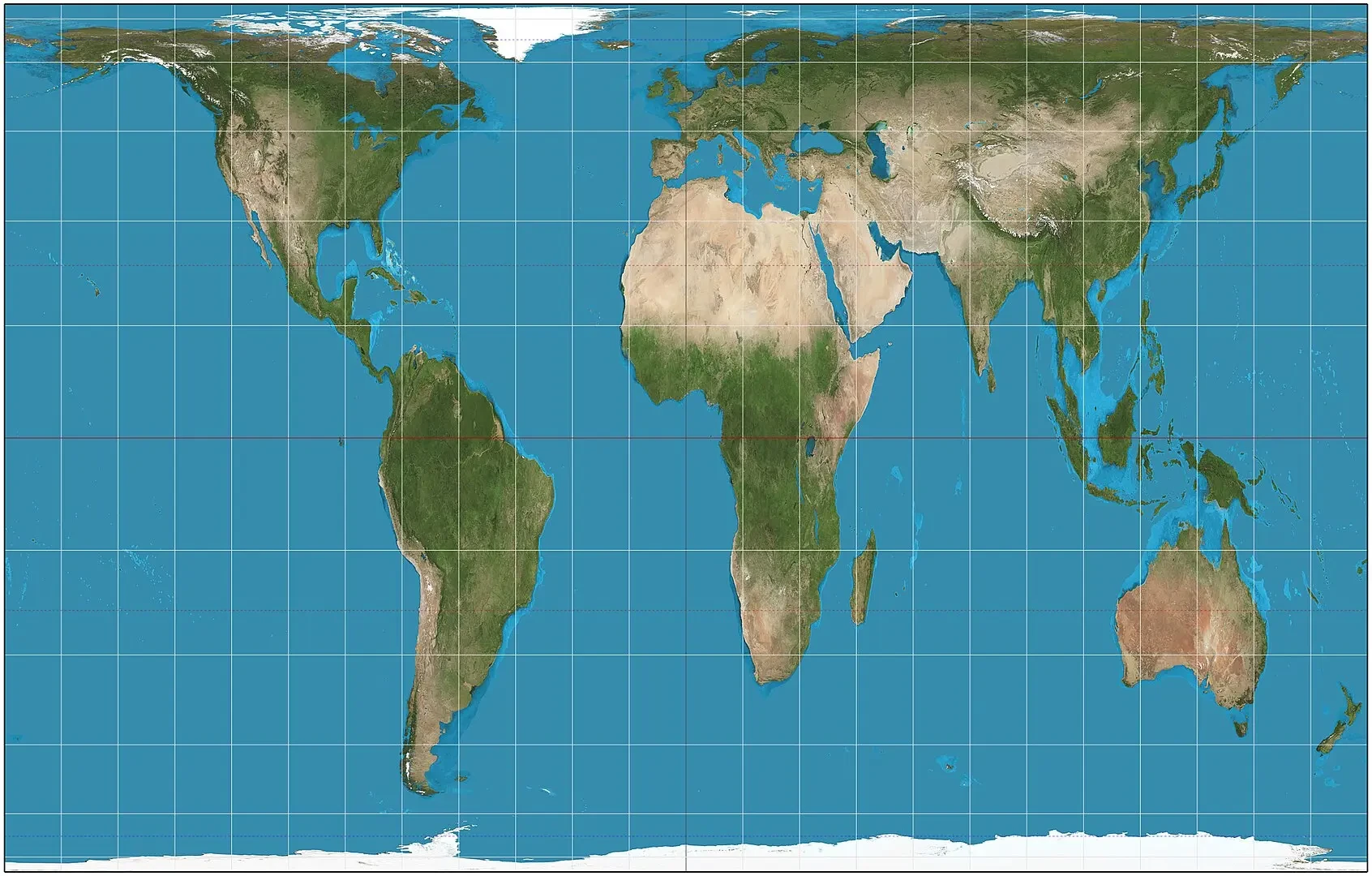 Projeção de Gall-Peters: Mapa-múndi com áreas proporcionais, ideal para dados demográficos.