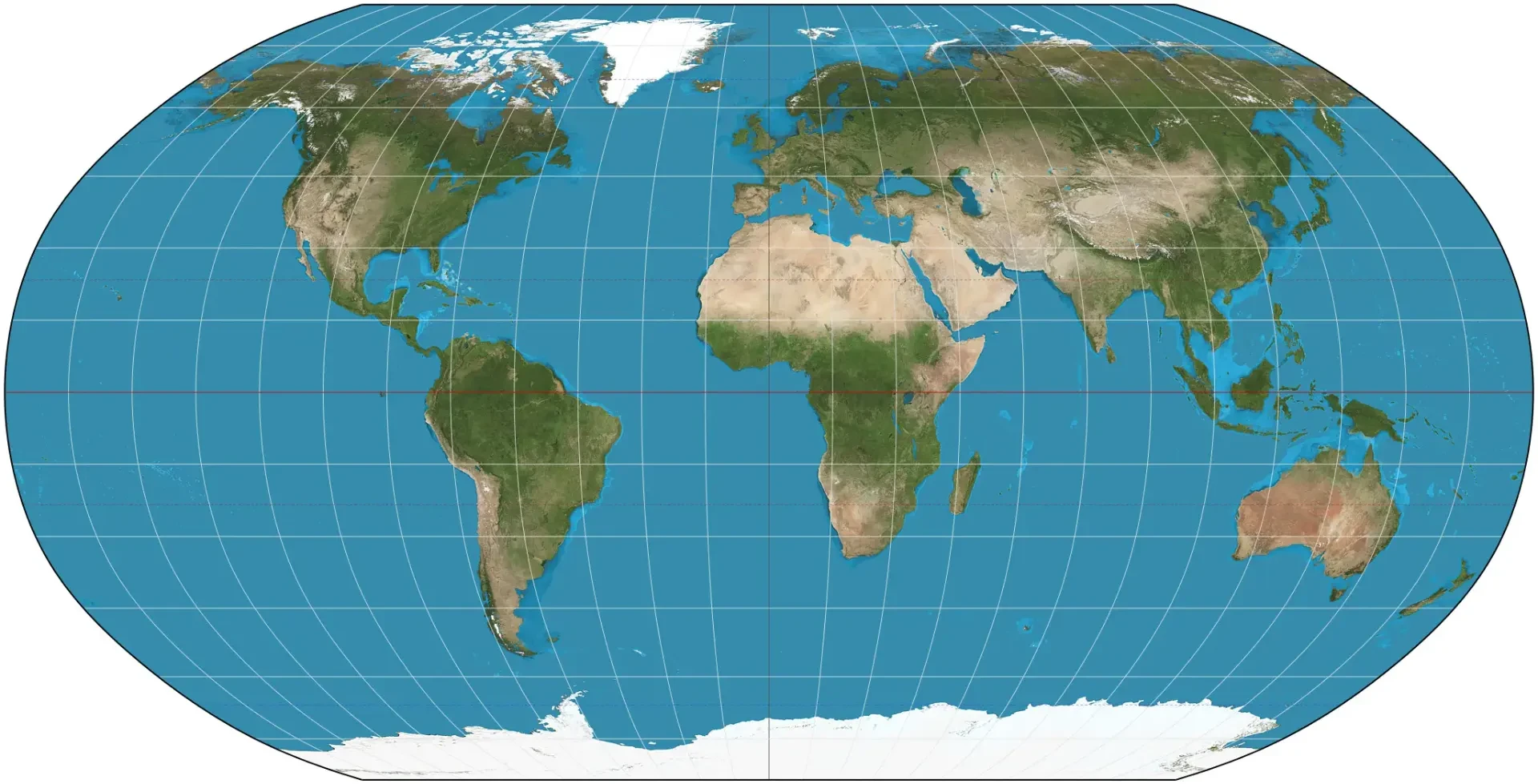 Mapa-múndi projeção de Robinson: Equilíbrio visual entre forma e área.