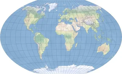 Projeção Winkel Tripel do mundo: Minimiza a distorção geral de área, forma e distância.