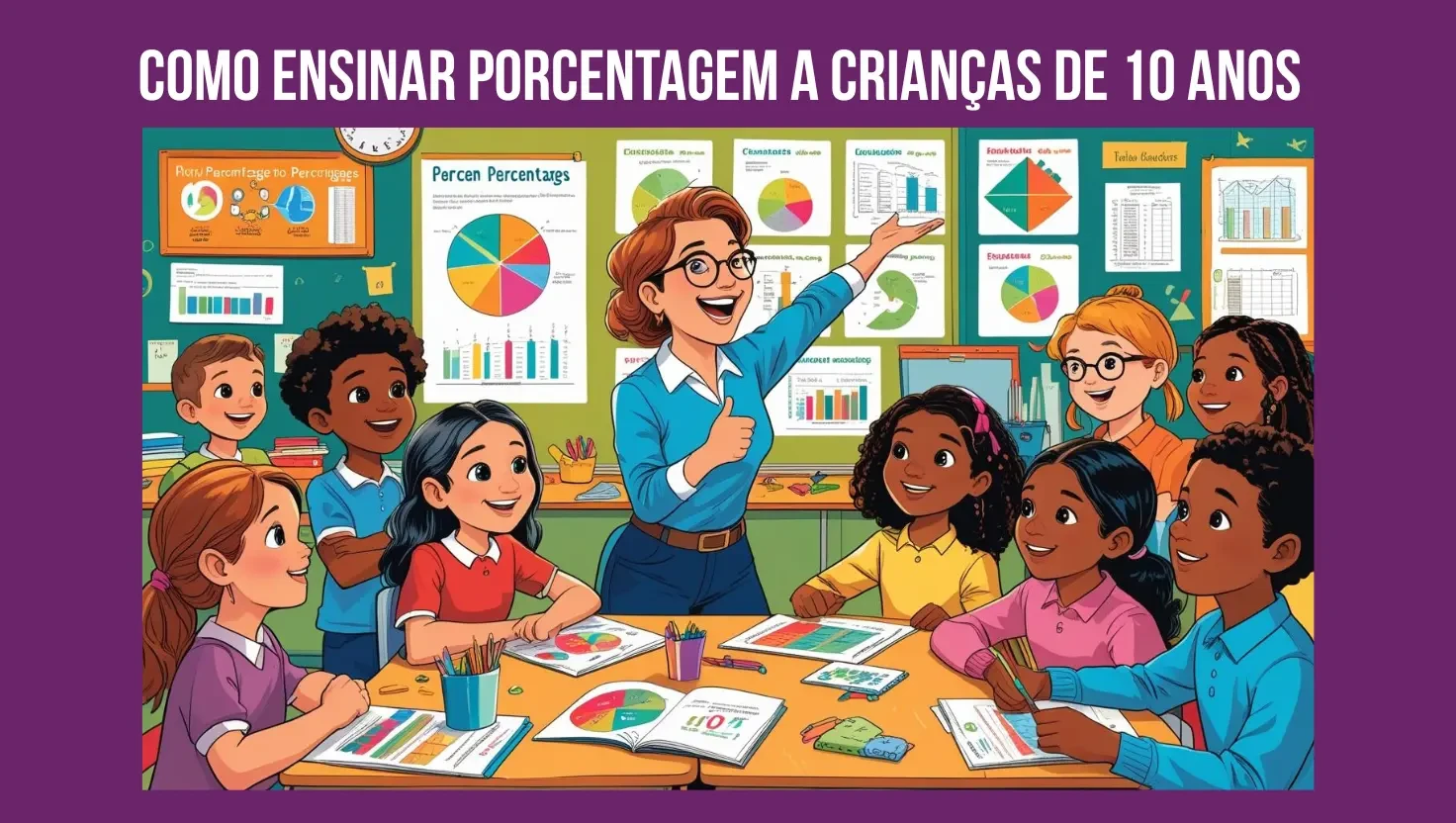 Guia prático: Como ensinar porcentagem a crianças de 10 anos. Como ensinar porcentagem a crianças de 10 anos: uma professora sorridente mostra um tablet com um gráfico de pizza para uma aluna atenta.
