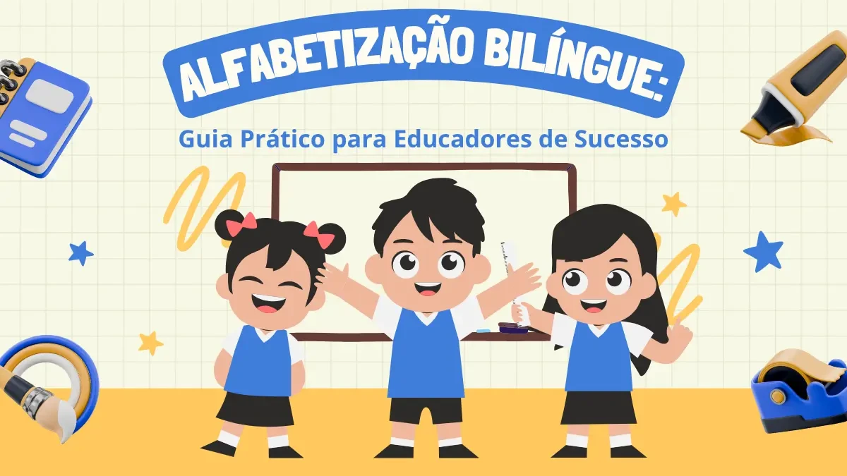 Crianças bilíngues lendo e aprendendo em um ambiente escolar, simbolizando o biletramento e a alfabetização bilíngue.
