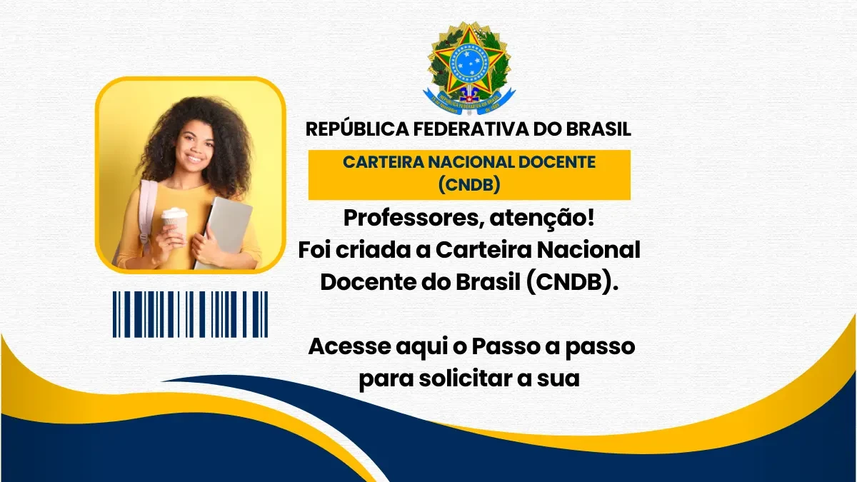 Ilustração de uma professora exibindo a nova Carteira Nacional Docente (CNDB) em seu smartphone.
