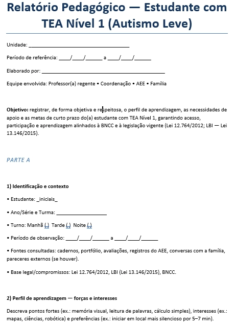 Relatorio de Aluno Autista Leve TEA nivel 1: Exemplo de estrutura e componentes essenciais para educadores