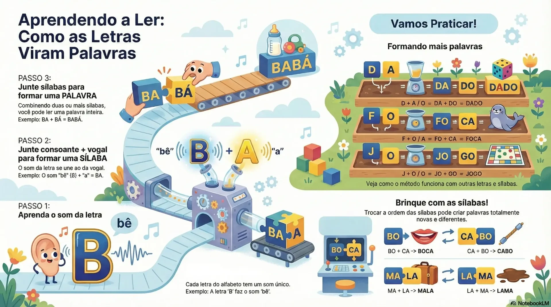 Sequência didática mostrando letras isoladas formando sílabas e depois palavras completas
