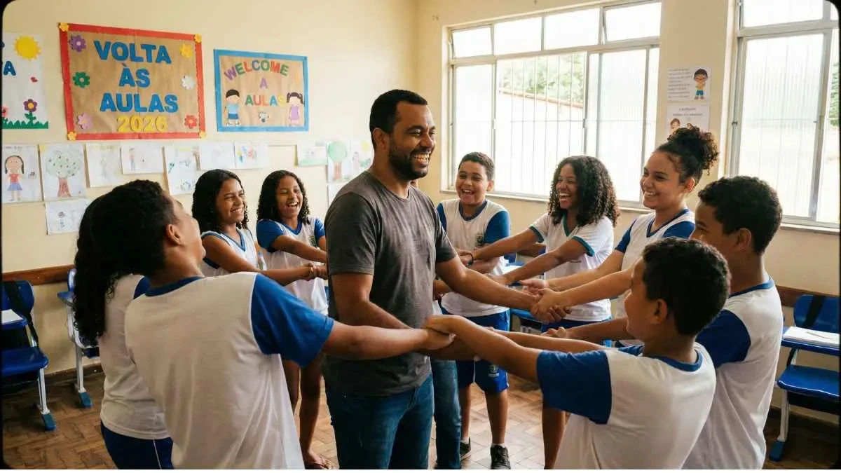 Professor sorrindo com alunos em círculo durante dinâmica de acolhimento escolar
