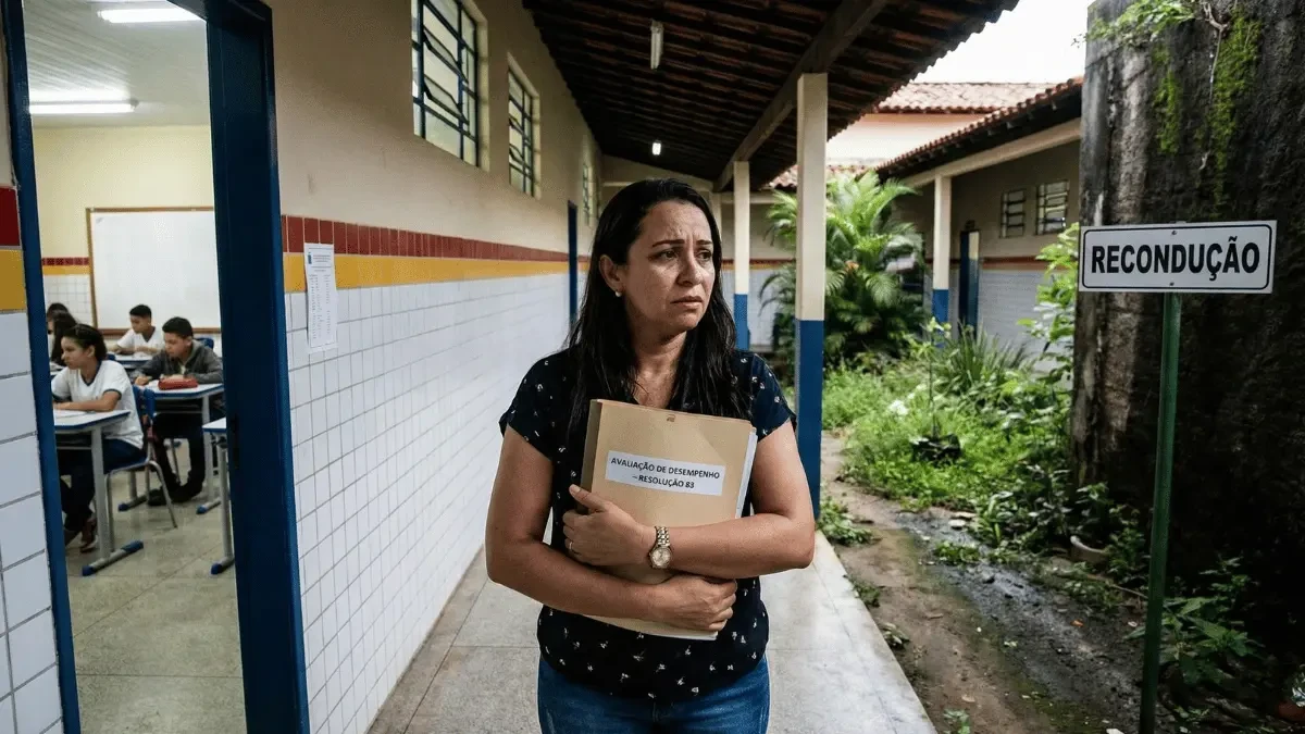 Professora preocupada segurando pasta com documentos da Resolução 83 em um corredor escolar