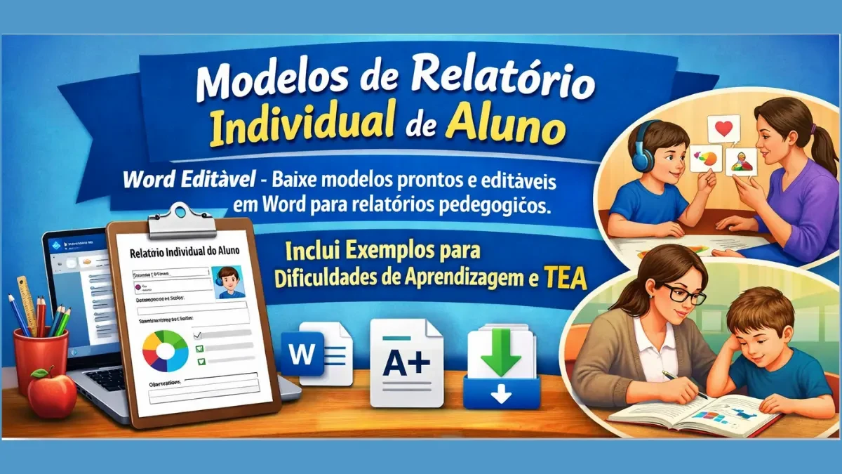 Capa com o título 'Modelos Prontos para Relatório Individual de Alunos' e material escolar ao fundo.