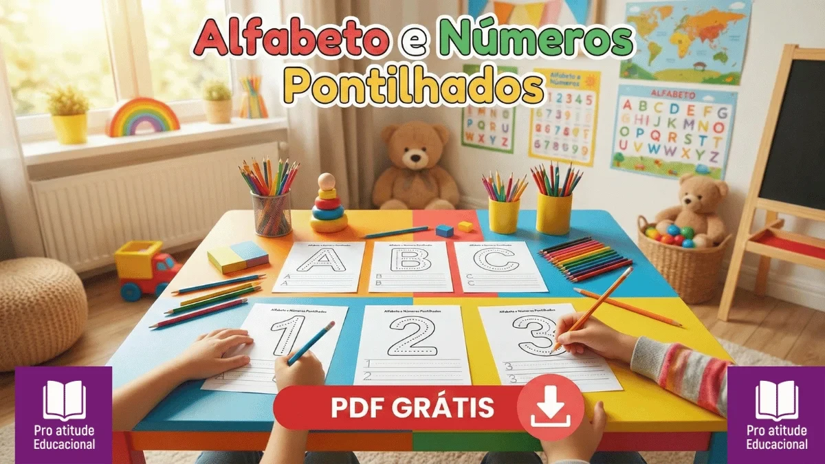 Caderno de atividades com alfabeto e números pontilhados para imprimir