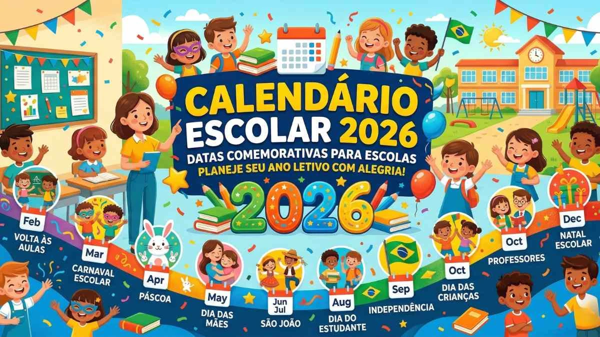 Alunos felizes e professora engajados em uma atividade colorida de planejamento escolar