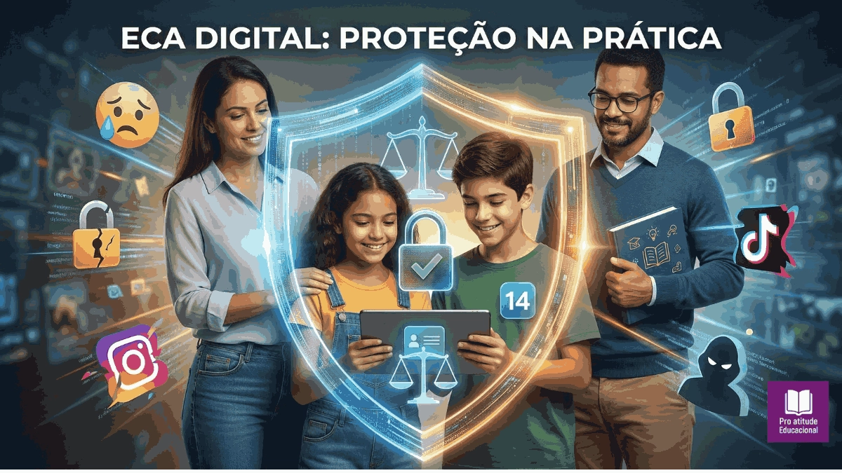 Família com filhos interagindo no ambiente digital, protegidos simbolicamente por um escudo virtual que representa as leis do ECA Digital