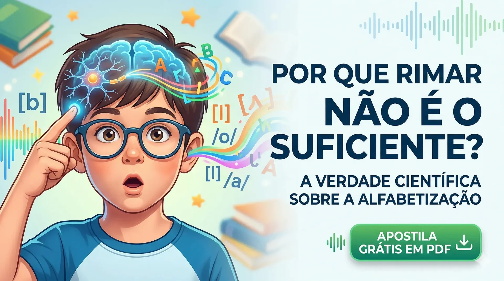 Ilustração educativa sobre consciência fonológica e alfabetização mostrando um menino processando letras e sons na mente