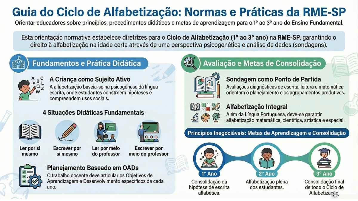 Visão geral e metas da alfabetização em São Paulo: Infográfico completo com as diretrizes de 2026.