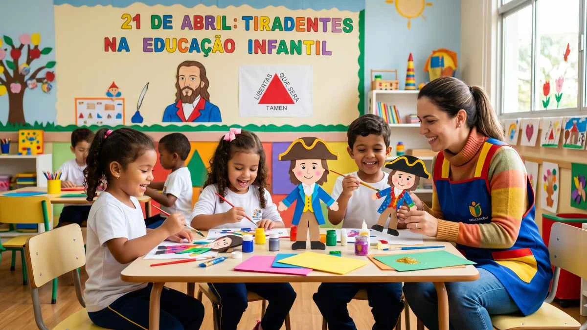 Professora e crianças participando de atividades lúdicas desenhadas para ensinar sobre Tiradentes na Educação Infantil