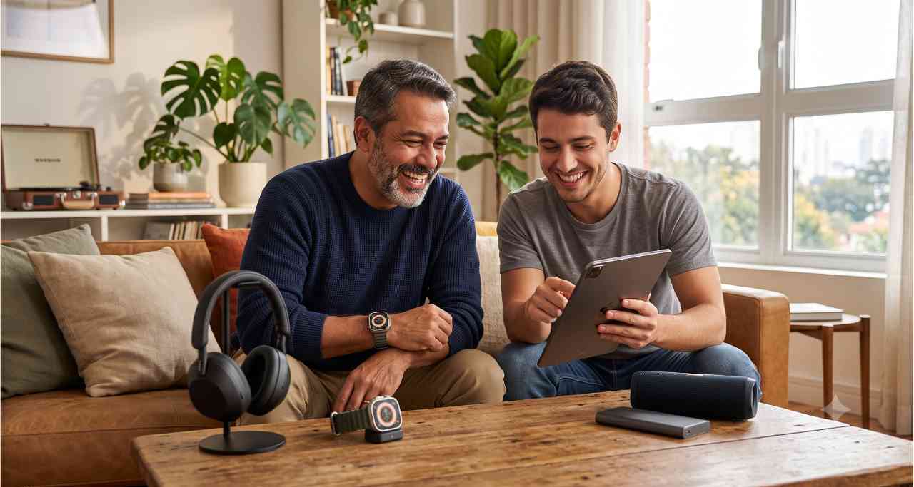 Pai e filho sorrindo em sala aconchegante, usando tablet e smartwatch, com fones e relógios sobre mesa.