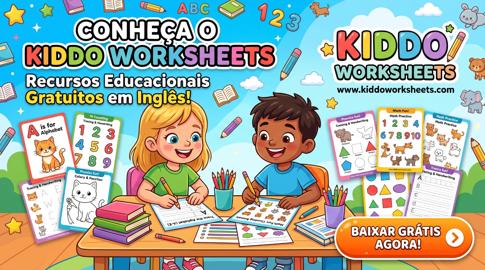 Banner infantil colorido com crianças desenhando, livros e folhas de atividades, letras, números e botão “Baixar grátis”.