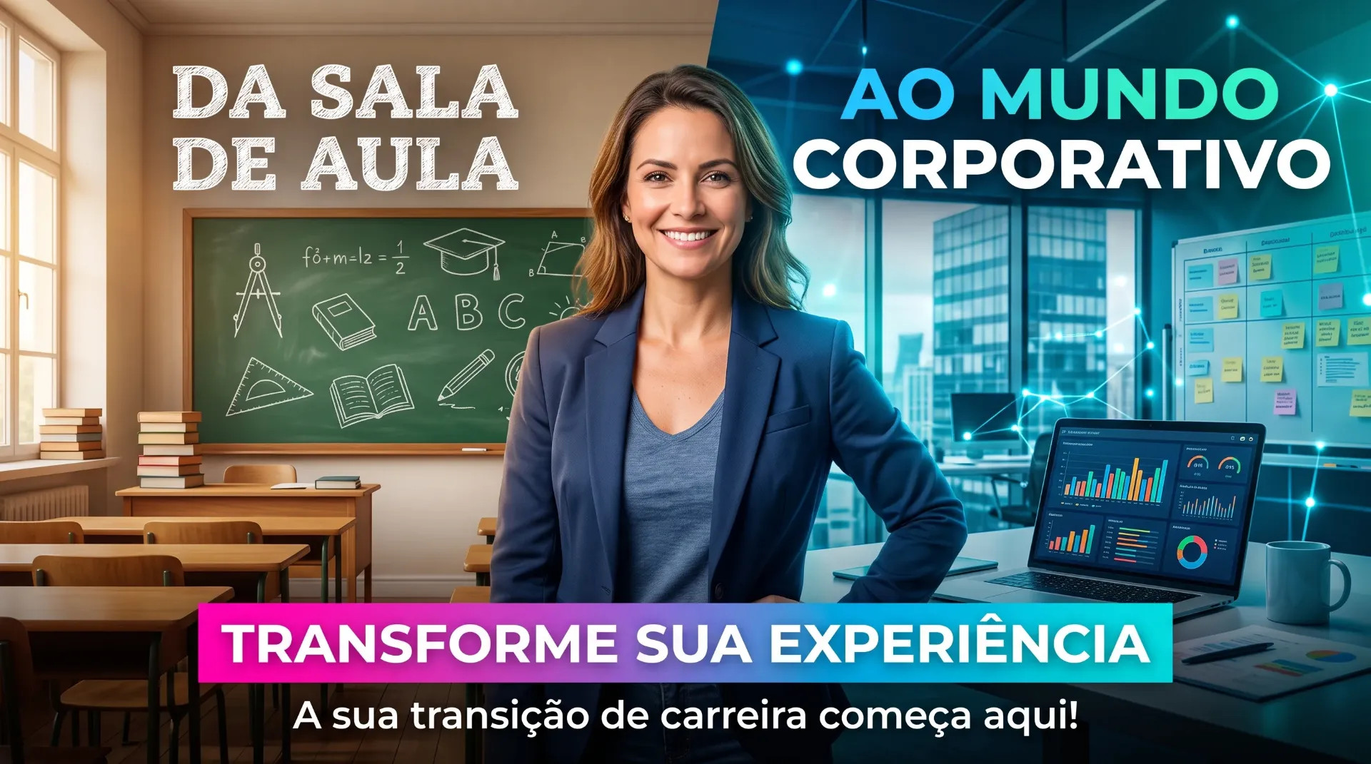 Imagem de uma mulher sorridente e com postura confiante, vestindo um blazer azul, posicionada no centro e dividindo a tela em dois cenários. O lado esquerdo representa uma sala de aula tradicional com carteiras de madeira e uma lousa verde com desenhos em giz, acompanhado do texto "DA SALA DE AULA". O lado direito mostra um escritório moderno com tons azulados, janelas de vidro e um notebook exibindo gráficos de dados, sob o texto "AO MUNDO CORPORATIVO". Na parte inferior, uma faixa vibrante em rosa e azul destaca a mensagem principal: "TRANSFORME SUA EXPERIÊNCIA", seguida pelo subtítulo "A sua transição de carreira começa aqui!".