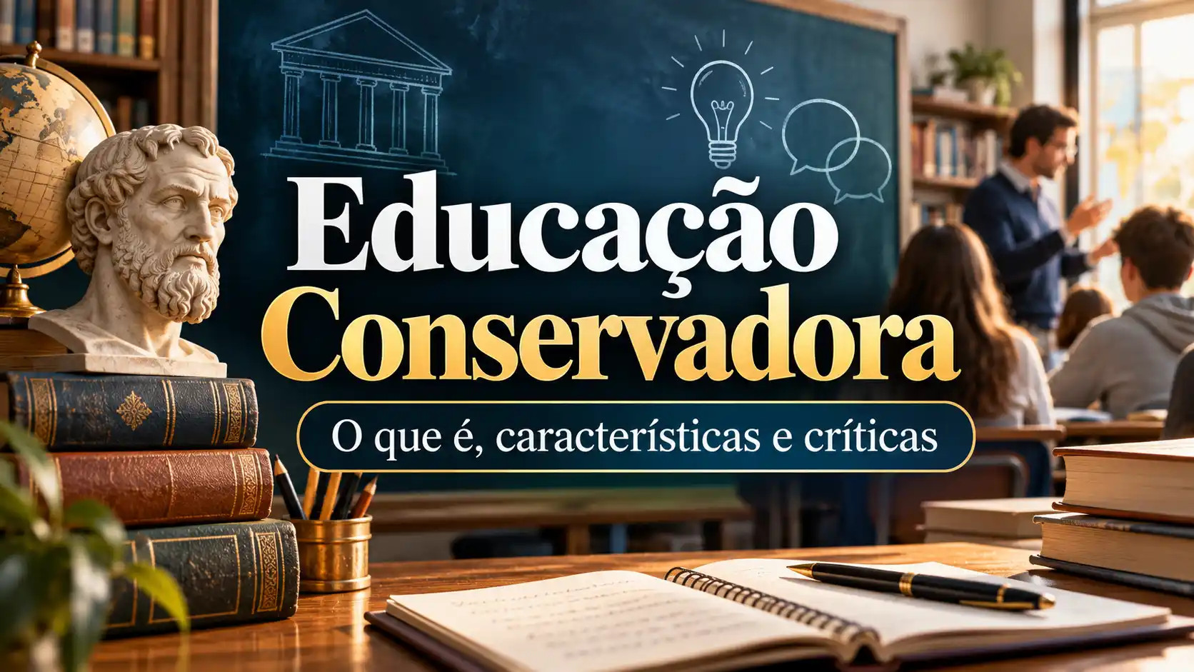 Busto de filósofo e livros sobre mesa, quadro negro com ícones e texto “Educação Conservadora”.