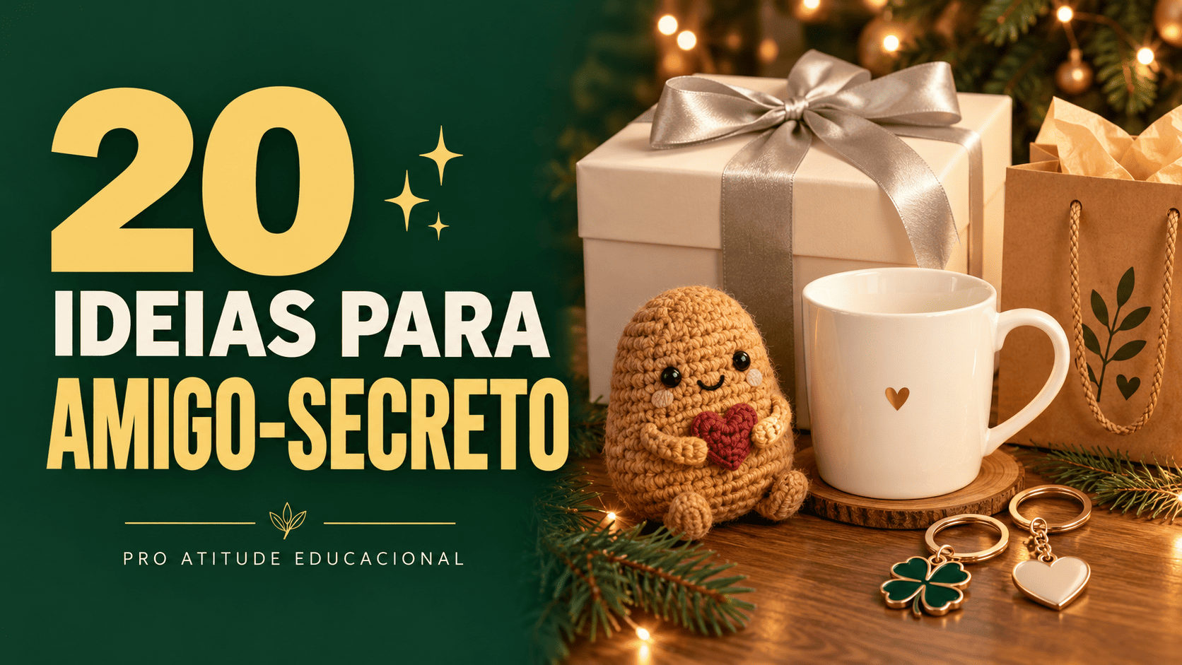 Cartão natalino com texto “20 ideias para amigo-secreto”, presentes, caneca e ursinho de crochê.