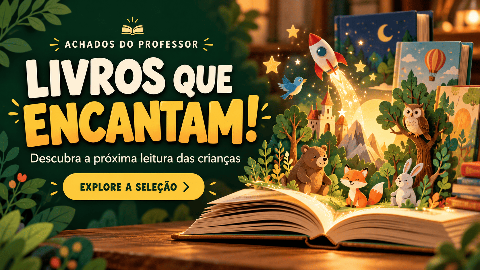 Capa promocional com livro aberto, animais e foguete, estrelas e texto “Livros que encantam”.