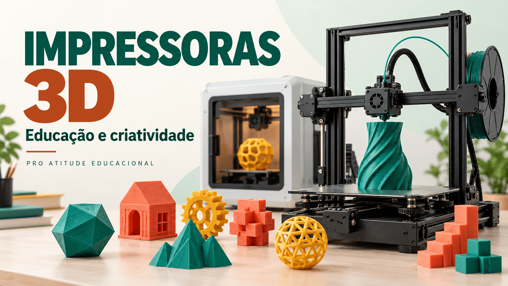 Cartaz “Impressoras 3D” com impressora 3D e peças coloridas, filamento verde e modelos geométricos na mesa.